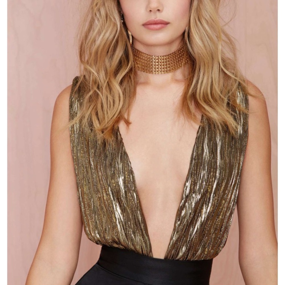 Nasty Gal Gold Metallic Deep V Body Suit Size S